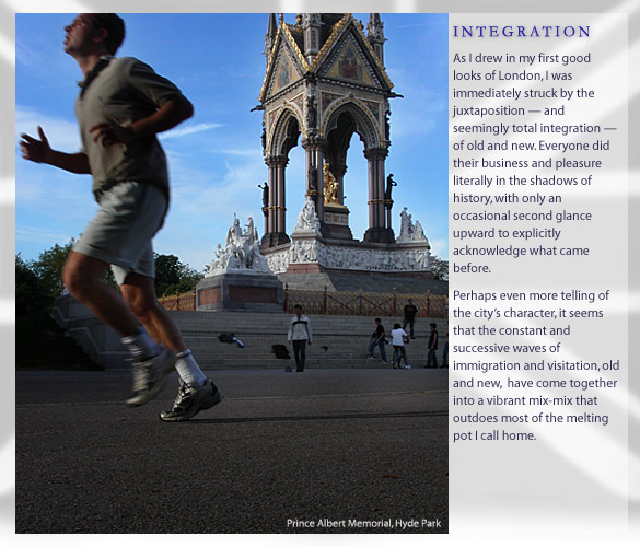 joggers and skaters play in the shadow of the Prince Albert Memorial...