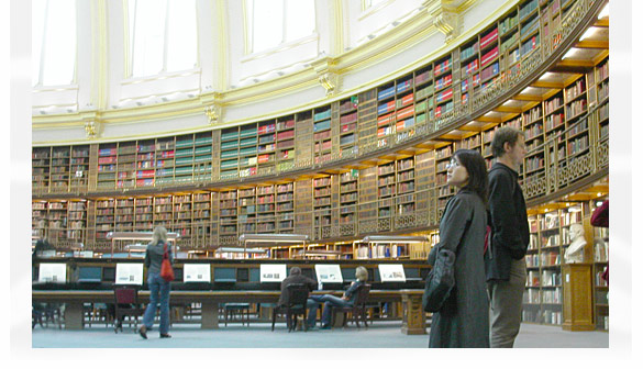 an image of the Reading Room of the British Museum, with its sweeping, curved bookcases topped by a dome of light...