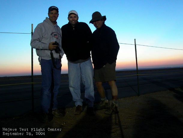 Christopher, Will and Gerry stand in the predawn chill at the Mojave Test Flight Center awaiting the Spaceship One X1 launch
