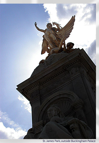 Victoria, Queen of the Empire, gazes upon her domain in St. James Park, outside Buckingham Palace