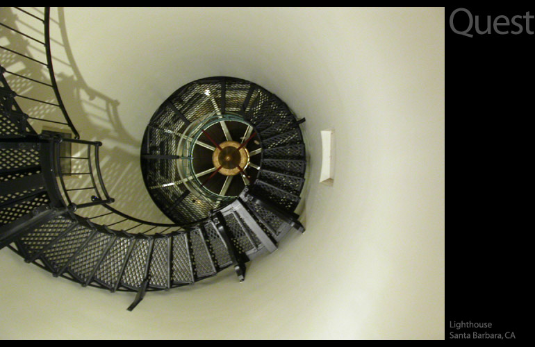Quest: a spiral staircase in Rusty's Pizza, Santa Barbara, California